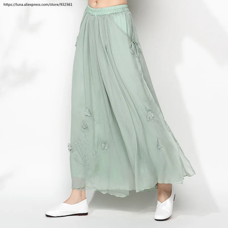 Vintage Floral Embroidery Multi-layer Wide Leg Pants Women Loose Chiffon Skirt Trousers 4 Color plus size Slacks pantalones