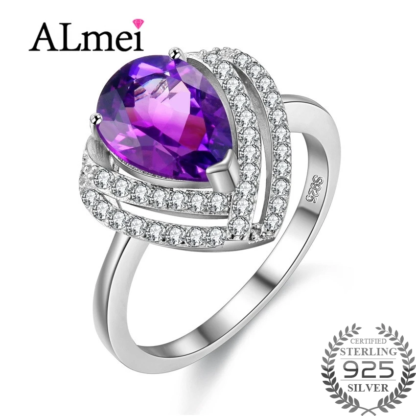 

Almei 1.5ct Pear Cut Amethyst Luxury Wedding Rings 925 Sterling Silver Halo Ring Jewelry for Women's Gift with Box 40% FJ093