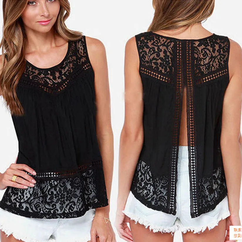 Windreama Plus Size S - 5XL Fashion Women Lace Tank Top Casual Sleeveless Hollow Out Back Open Tops Summer Style Tees | Женская одежда