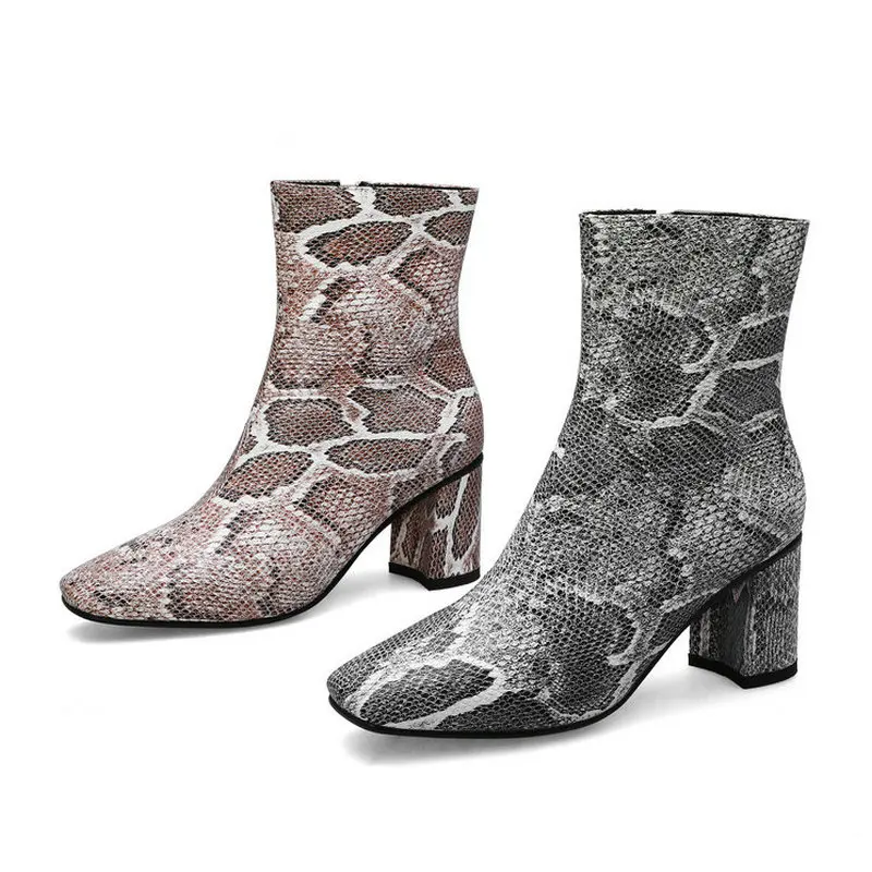 NESIMOO 2019 Fashion Women Ankle Boots PU leather Snakeskin Square High Heel Zipper Fashion All Match Elegant Shoes Size 34-43