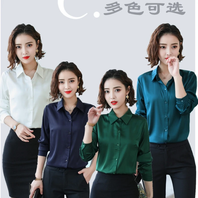  Stinlicher 2019 New Women Office work shirts female OL elegant high quality silk satin long sleeve 