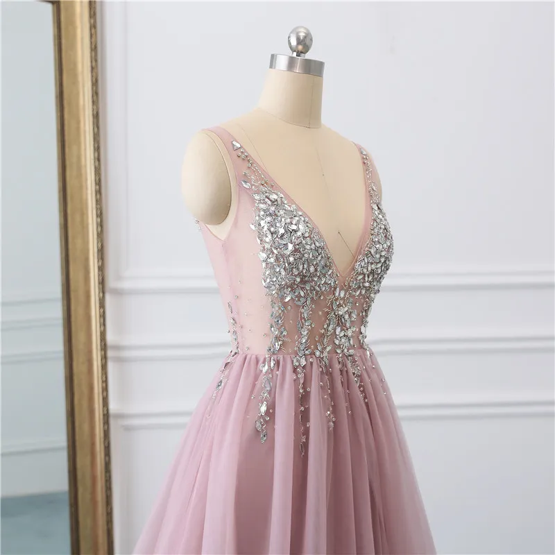 pink prom dress HONGFUYU Sexy High Slit Sleeveless Long Prom Dresses 2020 Backless A Line Beading Floor Length Sequined Prom Dress HFY102301 sage green prom dress