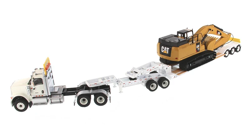DM-85600 международный HX520 тандем день кабина трактор в белом с XL 120 HDG Lowboy трейлер и Cat 349F L XE экскаватор