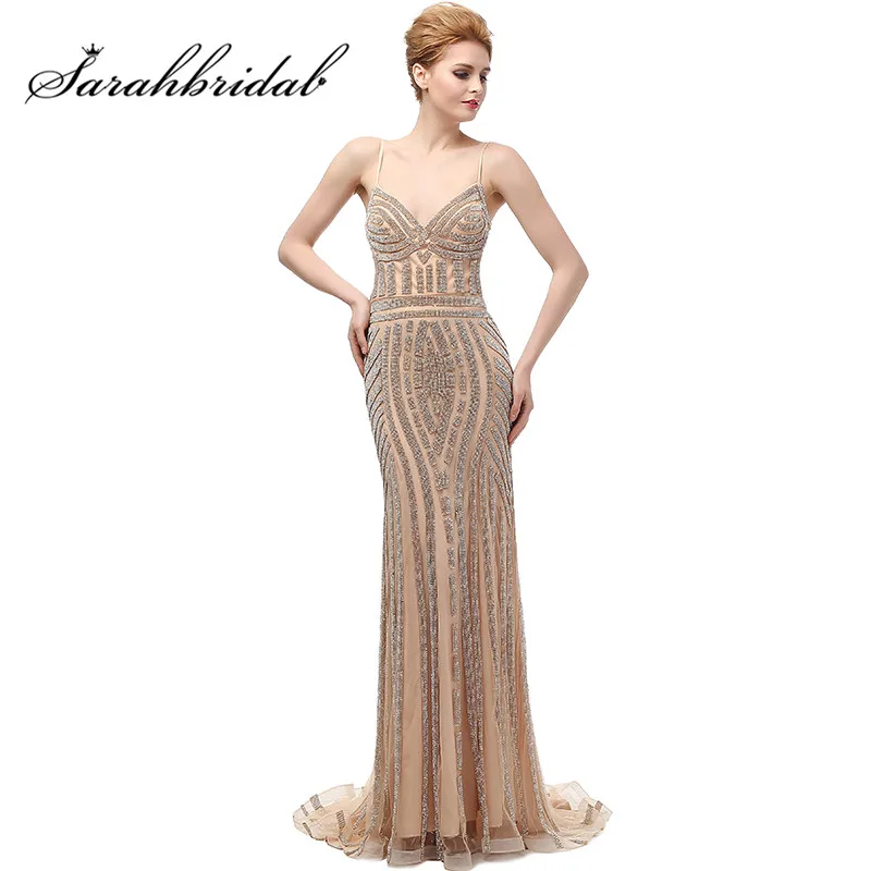 Luxury Mermaid Evening Dresses Long Champagne Crystal Backless