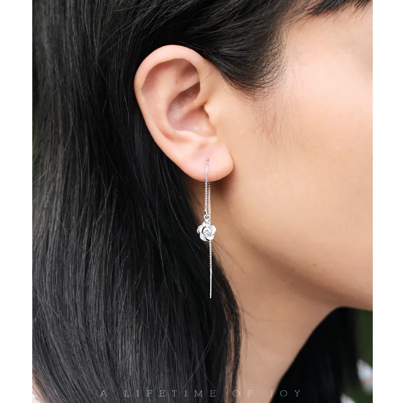 Real 925 Sterling Silver Charms Pull Through Threader Earrings 925 Sterling Silver Charms Pull Through Threader Earrings Flower Ear Daisy Long E152 In Drop From Jewelry