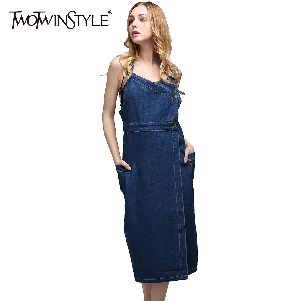 [TWOTWINSTYLE] 2017 Summer Long Denim Jeans Dresses for women Sex Ladies Suspender Party Dress Clothes Big Plus Size XL Size New