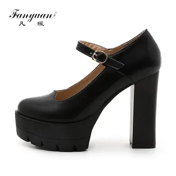 

2017 Spring New Women Pumps Super High Heel Platform Round Toe Buckle Strap PU leather Casual Mary Janes Shallow Mouth Shoes