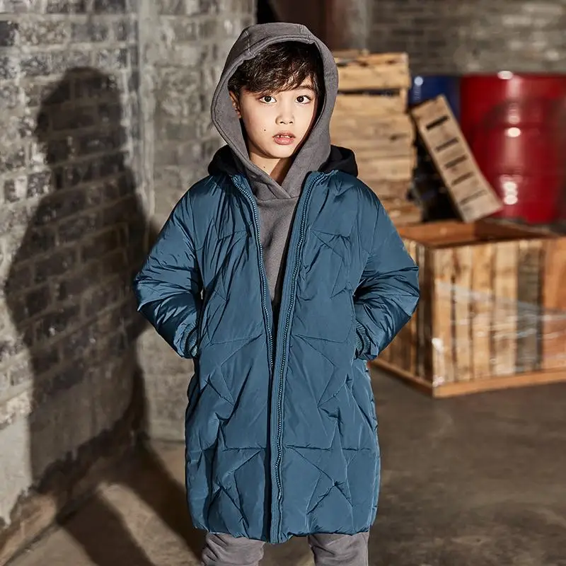 Детский пуховик Новая зимняя теплая верхняя одежда с капюшоном длинное пальто для мальчиков, пуховик Modis для холодной погоды, Y1743