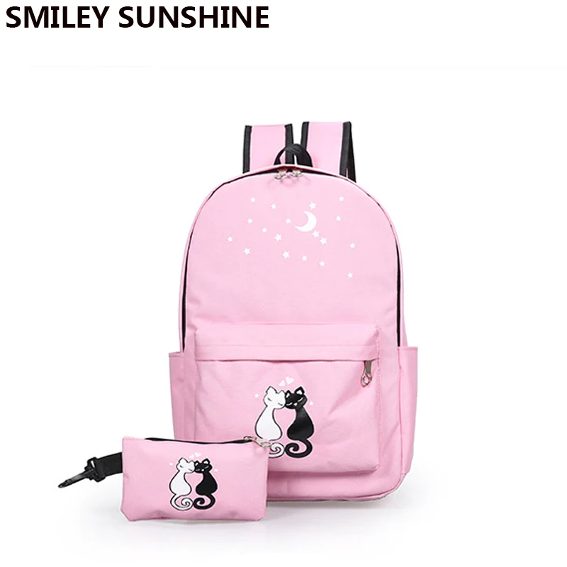 

Korean Style Canvas 2 pcs/set Schoolbag Women Backpacks Bags For Teenagers Girls Cat Student Bookbags 2018 Bagpack Rucksack