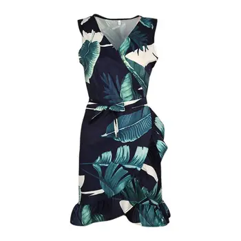 

Sexy V Neck Print Floral Summer Dress Ruffle Sundress A-Line Elegant Dress Slim Casual Sleeveless Mini Vestido Boho Large Size