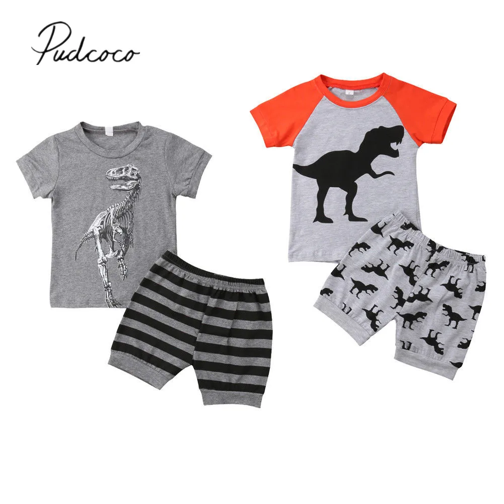 Фирменная новинка одежда для малышей мальчиков летняя повседневная одежда комплекты 2 шт. короткий рукав мультфильм динозавра серый футболки топы+ шорты От 1 до 7 лет
