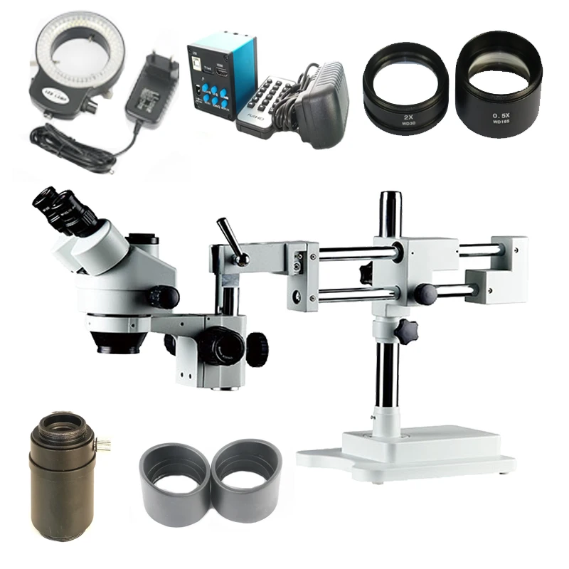 

3.5X-90X Double Boom Stand Stereo Zoom trinocular Microscope+14MP Camera +144pcs Led Microscope for industrial PCB repair