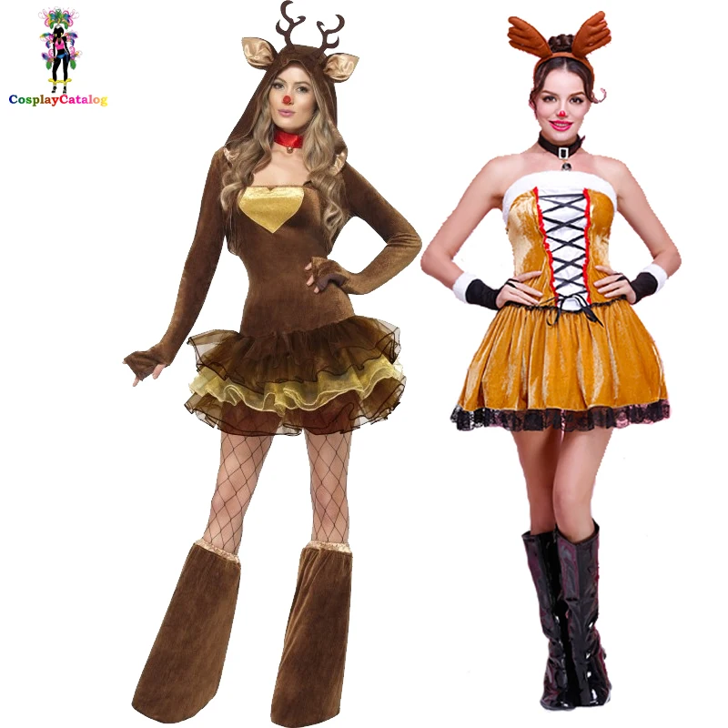 

Furry Xmas Reindeer Woman Costume with Brown Tutu Christmas Adult Sexy Women Party Elk Costumes Female Animal Fancy Dresses