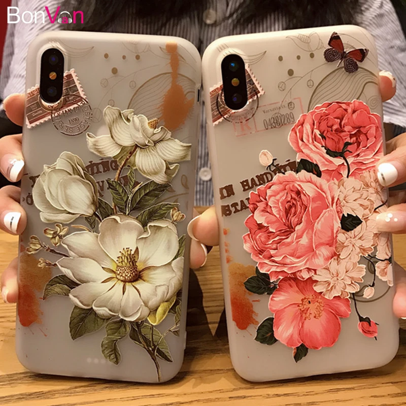 

BONVAN For iPhone 7 7plus Case Cover Silicone 3D Relief Flower tpu Soft Phone Cases For iPhone 6 6s plus Translucent Coque Capa