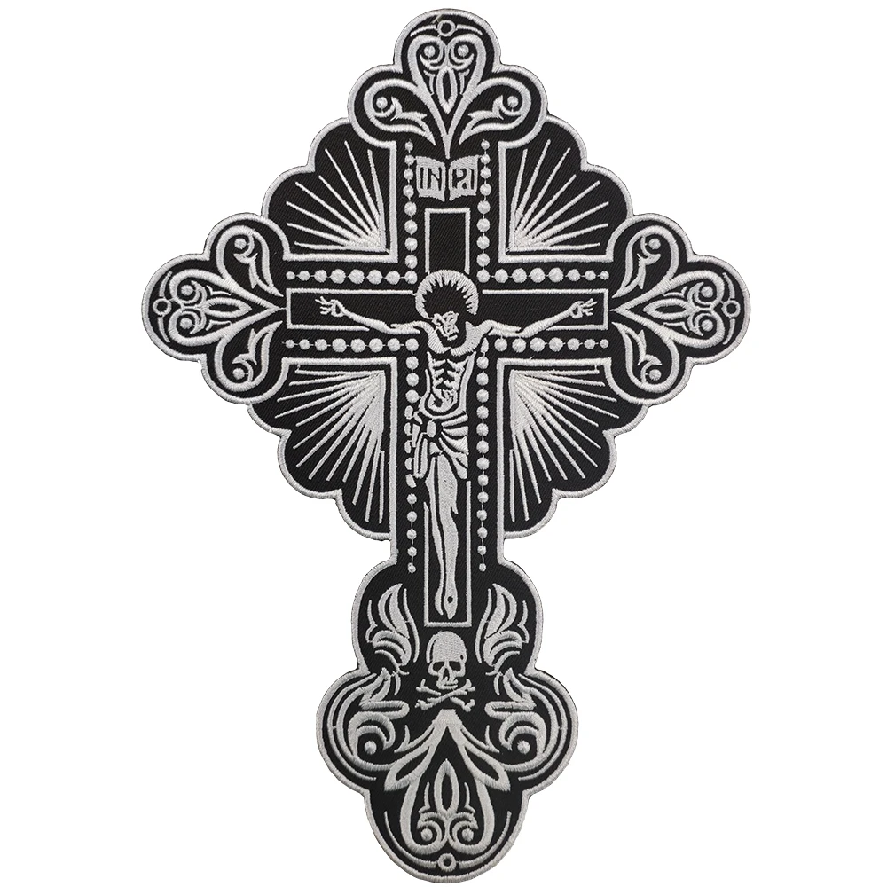 

Jesus Cross Motorcycle Biker Rider Embroidered Iron On Back Of Jacket Patch DIY Black Twill Fabric Stickers Patches For Clothing