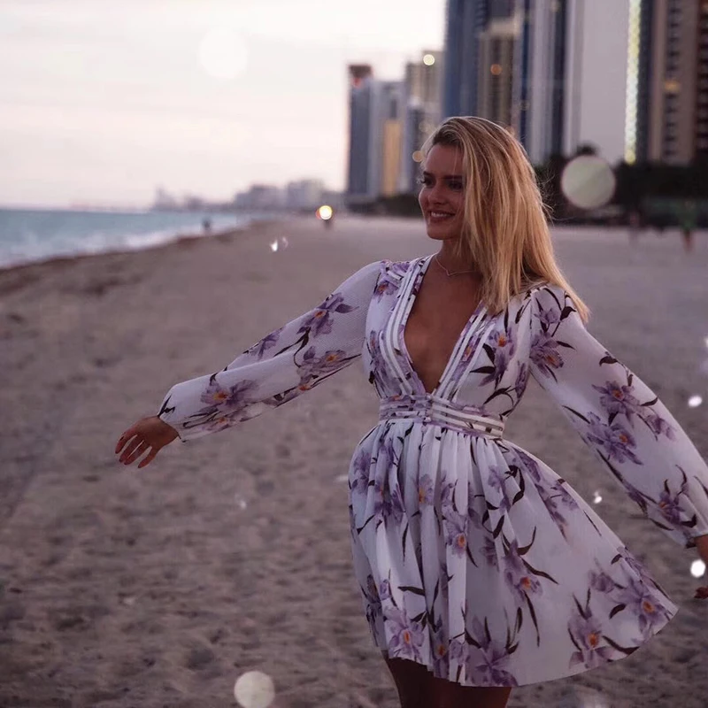 

ZIM 2019 Spring Fashion Deep Sexy V-neck Floral Print Dress Full Sleeve Purple Pleated Fold Design Women Mini Dress