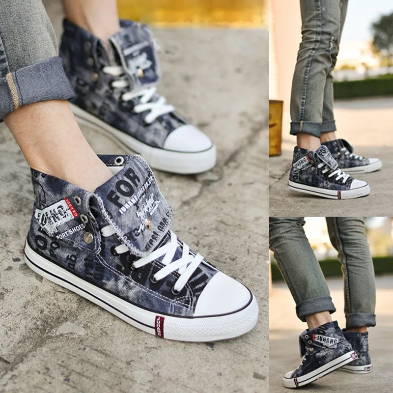 Cena Letnie lekkie płócienne buty jeansowe moda męska oddychające wysokie trampki Graffiti mieszkania buty Casual Zapatos De Hombre