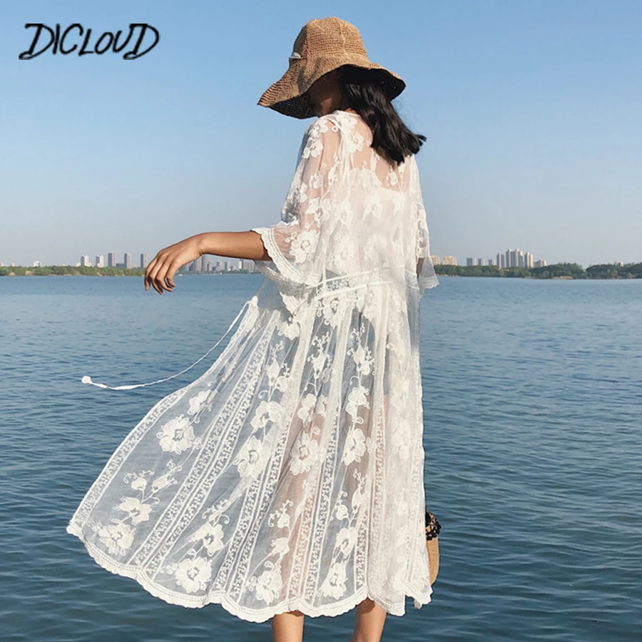 DICLOUD Embroidery Lace Sexy Blouse Women 2018 Beach White Flowers Kimono Ladies V-Neck Loose Summer Tops Shirt White Cardigan