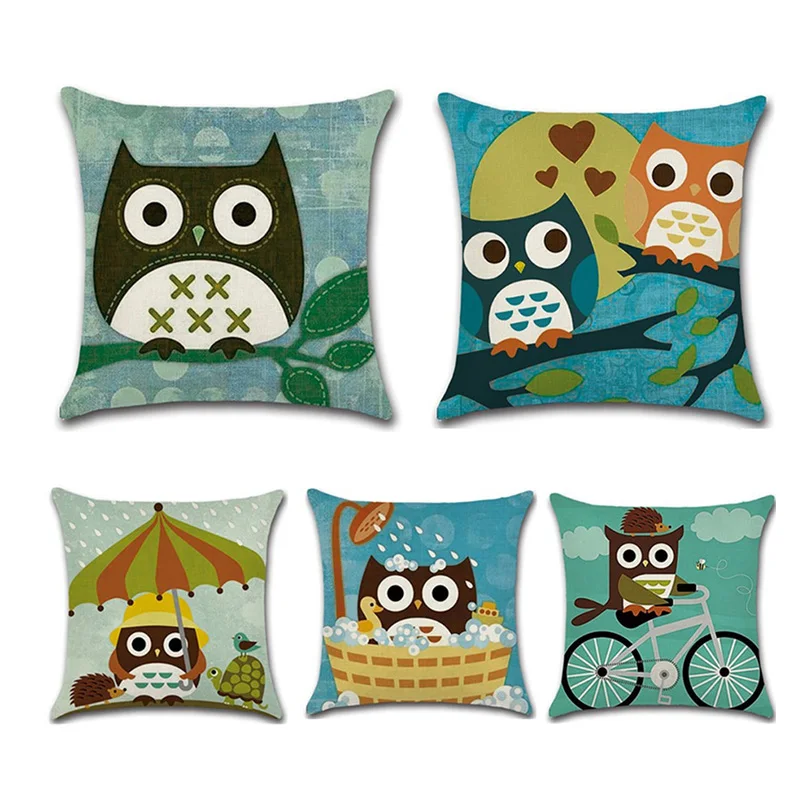 

Cartoon Owl Printed Lovers Cushion Cover Soft Linen Square Throw Pillowcase living room home Waist Seat Pillow Decor funda cojin