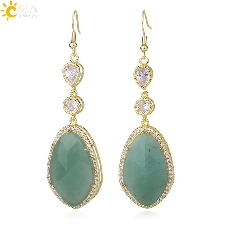 Green Aventurine CSJA, многогранные висячие серьги из натурального камня, циркониевые висячие серьги золотого цвета, модные серьги для женщин, вечерние, свадебные, F986 - Окраска металла: Green Aventurine