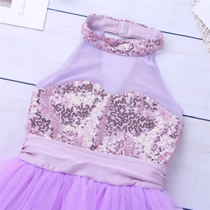 Kids Girls Mock Neck Ballet Dance Dress Gymnastic Leotard Shiny Sequins Sleeveless Mesh Splice Ballet Leotard Flower Girls Dress