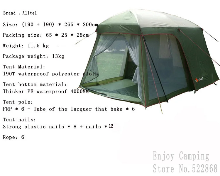 Alltel 5-8 человек использовать ультра двойной слой водонепроницаемый ветрозащитный семья кемпинговая палатка для вечеринок туристическое снаряжение