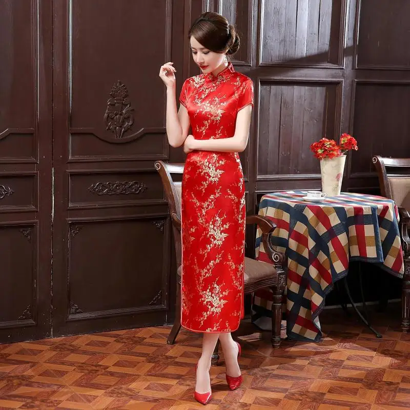 Черный, красный китайское традиционное платье Для женщин Cheongsam Qipao летние шорты рукавом длинное платье цветок размеры S M L XL XXL 3XL 020204