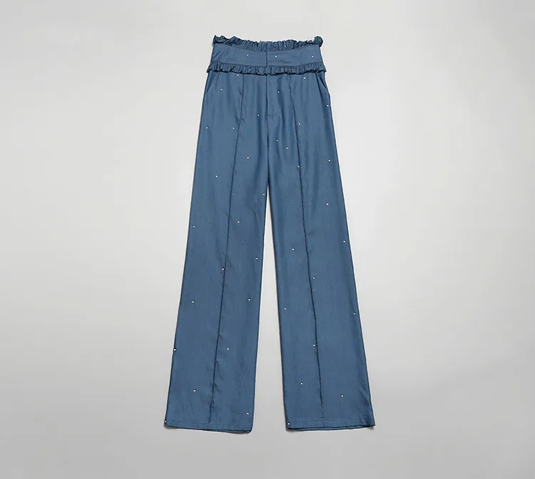 Женский топ мода полный двухсекционный костюм 2019 новый модный темперамент женская джинсовая рубашка + широкие брюки комплект из двух