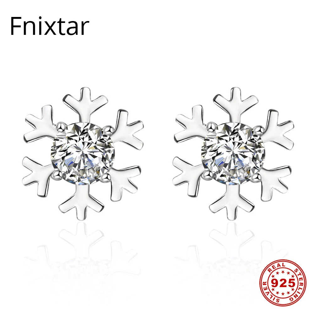 

Fnixtar 100% 925 Sterling Sliver Stud Earrings for Women Jewelry 2019 Snowflake Women Earrings with Clear CZ Christmas Day Gift
