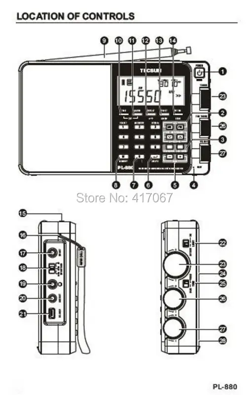Control Location 1-Original TECSUN PL-880 Portable Digital Radio Receiver PLL FMMWLWSW SSB Synthesized Full Band Stereo Fm Radio PL880