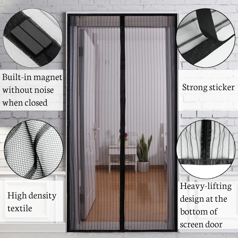 

5 Sizes Black Polyester Mosquito-proof moths Fly Insects Curtain Mute Encryption Magnetic Net Door Screen Soft Yarn Door Curtain