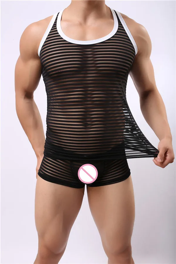 Мужские сексуальные забавные дышащие полосатые майки Нижние рубашки прозрачный сетчатый жилет Новая мода 6 цветов не включает брюки m-xl - Цвет: Black