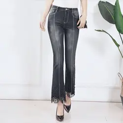 2018 Новые расклешенные узкие джинсы женские Бисероплетение черные расклешенные джинсы джинсовые немного эластичность пуш-ап Большие