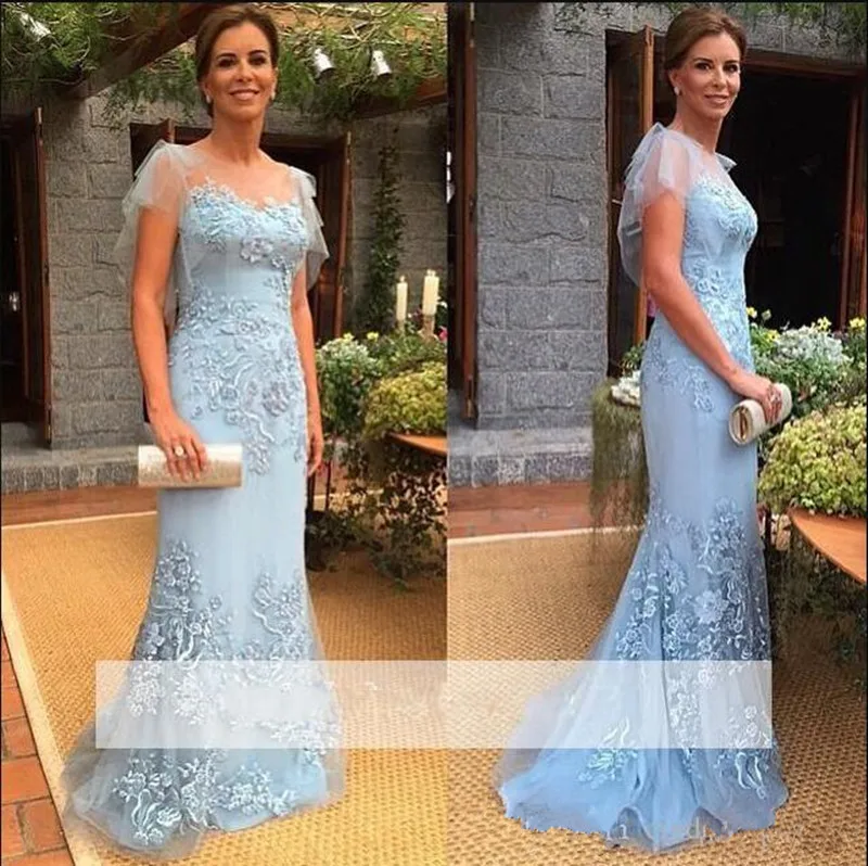 Light Sky Blue Formal Mother Of The Bride Dresses Sheer Neck Mermaid Prom Dress For Elegant