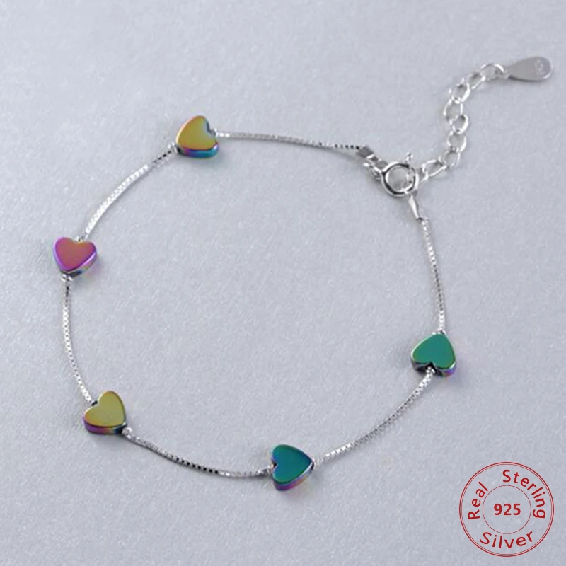 

New Fashion S925 Sterling Silver Chain Bracelet with Gradient Heart Stones For Women Fashion Jewelry Charm Bangle Bijoux