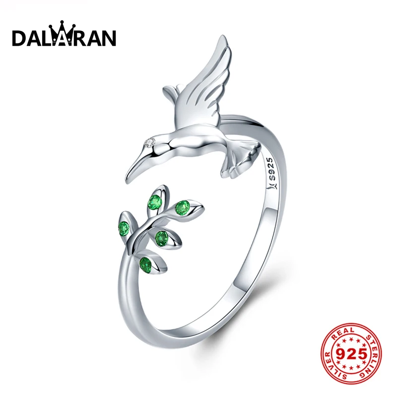 

DALARAN Silver Ring Genuine 925 Sterling Silver Sparkling Bird Spring Tree Leaves Open Size Finger Rings For Women Fine Jewelry