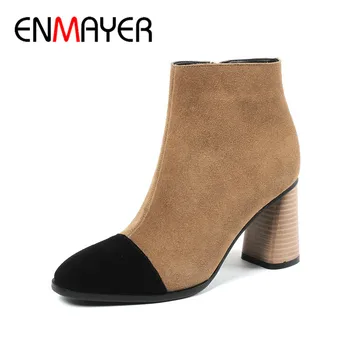 

ENMAYER Autumn Winter Woman's Ankle Boots High Heel Genuine Leather Square Heel Shoes Woman Party Wedding Pump Boots CY077