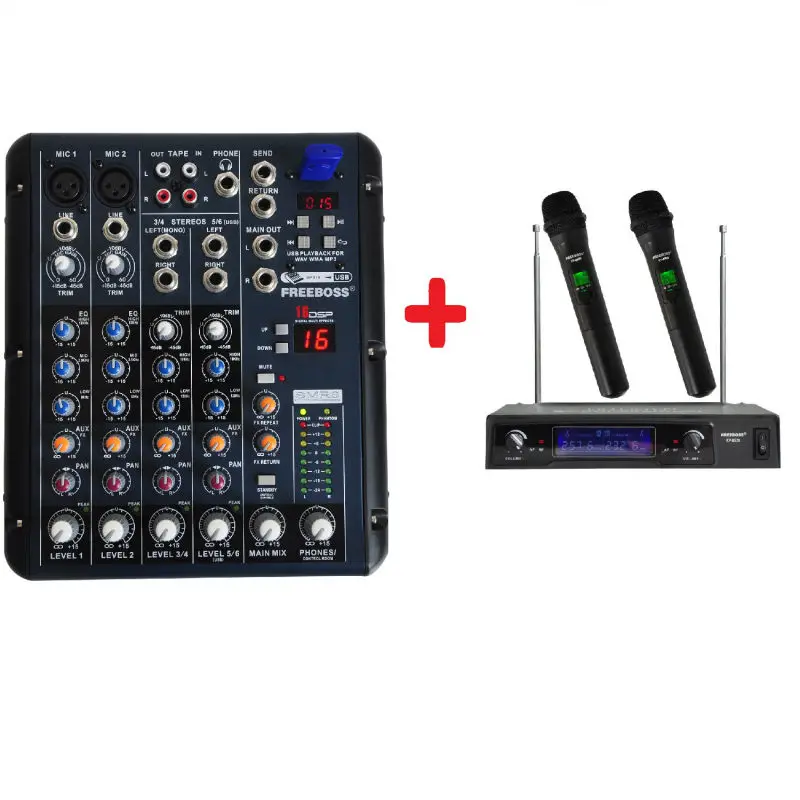 

Freeboss KV-8500 VHF 2 Handheld Wireless Microphone + SMR6 Audio Mixer