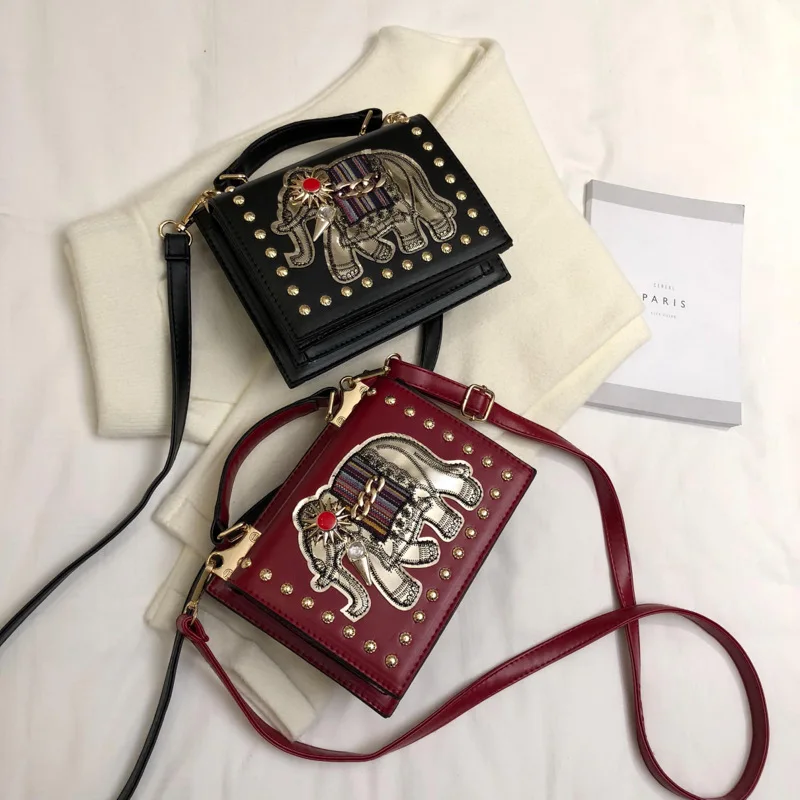 

2019 Fashion Women Elephant Embroidery Messenger Bags Flap PU Leather Rivet Handbags Tote Bag Designer Bags Luxury Crossbody Bag