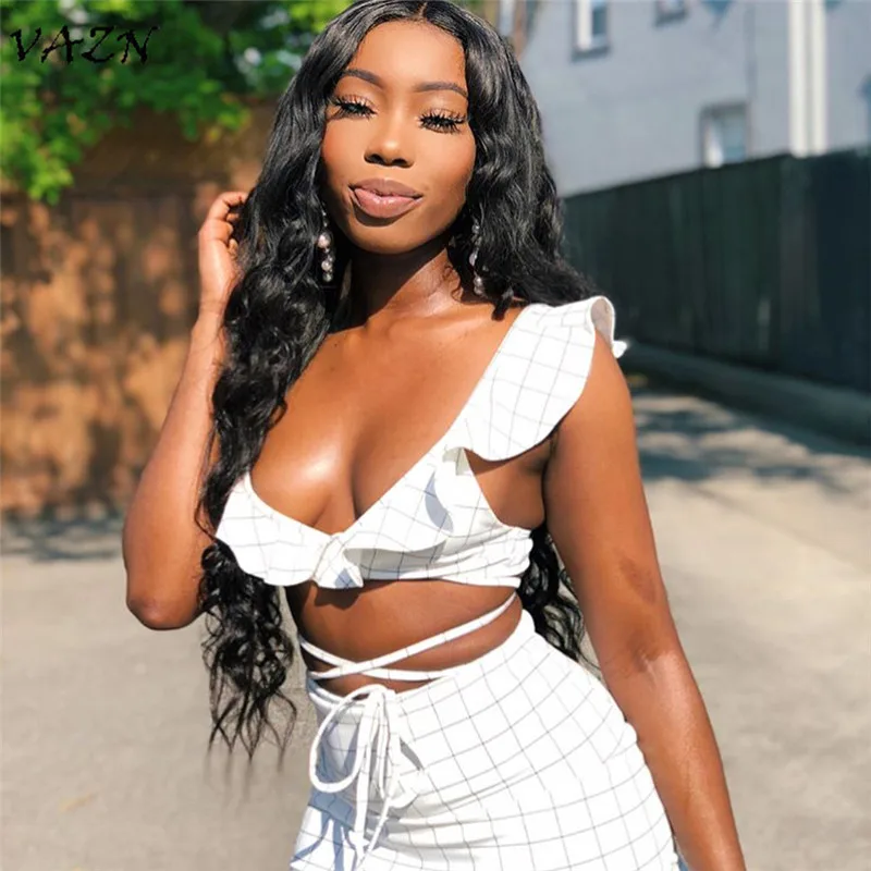 

VAZN Hot Novelty Fashion Sexy Style 2018 2 Piece Women Set Striped Sexy Hollow Out Wear Mini Dress Summer Bodycon Set G5024