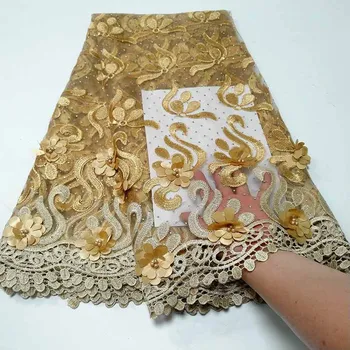

African Material 3D Appliqued Lace Fabric For Wedding 2019 Gold Nigerian French Lace Fabric High Quality Embroidery Guipure Lace