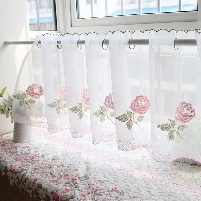 Pink Rose Embroidered Translucidus Coffee Curtain Decorative Dust proof