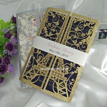 

Luxury Gold Glitter Tower Laser Cut Invitations for Wedding Sweet 16th Birthday Invite with Cream Belt
