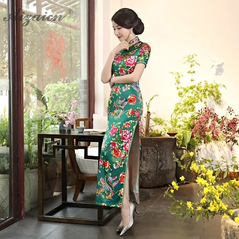 2019 новые летние печати Длинные Cheongsam современный Chinoise Зеленый Мать Ци Пао для женщин китайское традиционное платье Женская Роба в