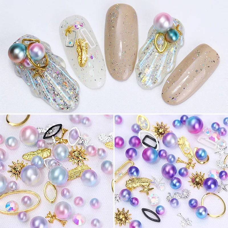 

1 Box Gradient Pearl Multi-size Beads Rhinestone Leaf Metal Frame Manicure 3D Nail Art Decoration for UV Gel Polish Manicure