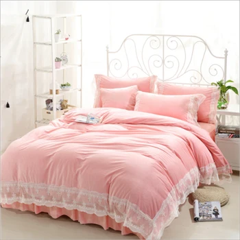 

Korean Princess Style Lace Ruffled Design Flower Pattern Duvet Cover Bed Sheet Set Crystal Velvet Fabric Solid Color Bedding Set