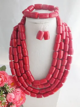 

Amazing Red Coral Beads Jewelry Sets Wedding African Nigerian Artificial Necklace Sets Free Shipping Z-3012