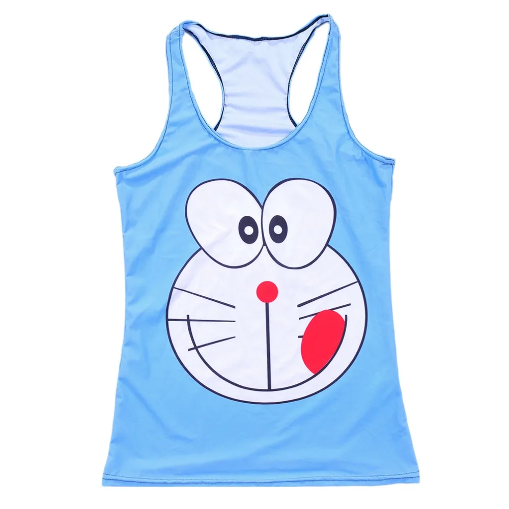 Women Summer Blue Shirt Cartoon Cat Painted Summer Tank Top Ladies