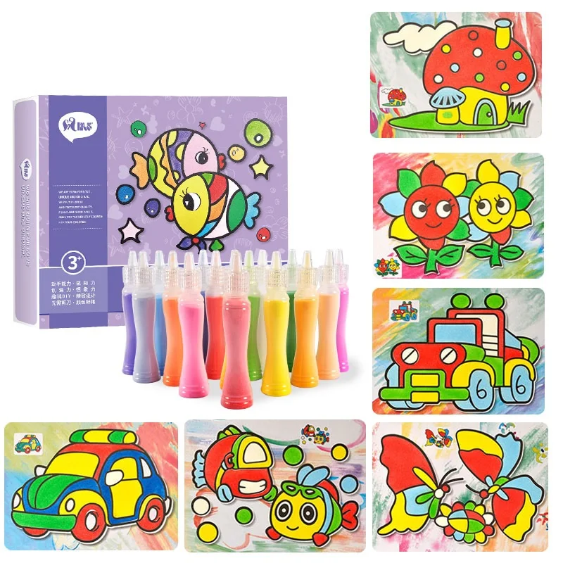 Preise 24 stücke sand kunst papier mit 12 farben flasche sand für kinder zeichnung spielzeug Kinder cartoon sand malerei für kindergarten kunst handwerk