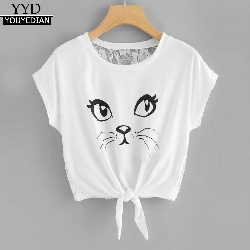 Summer Tops For Women 2018 T Shirt Womens Sexy Lace Patchwork Cat Print ...